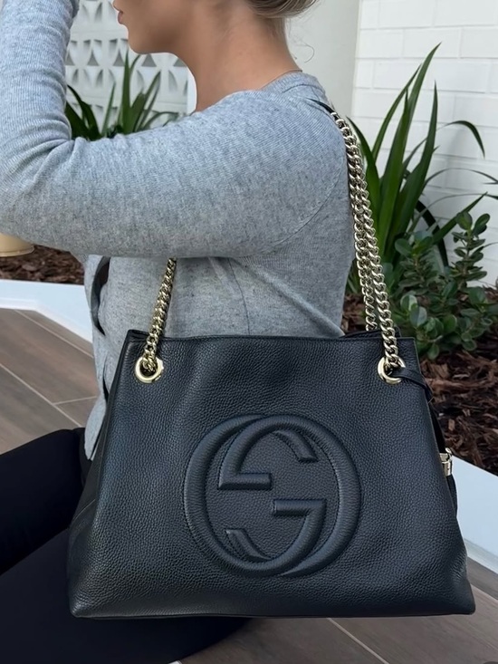 Gucci Handbags - Authentic Gucci Soho shoulder bag black leather gold chain straps medium w box